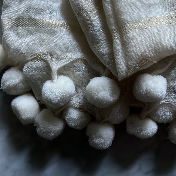 J. Crew metallic silver and gold wrap in cream with many Pom Poms! - Picture 3 of 7